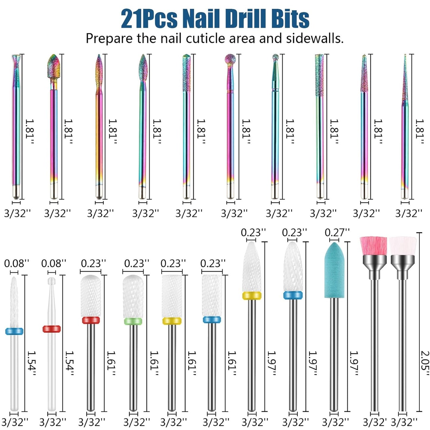 21-Piece Pro Nail Drill Bit Set – 3/32” Diamond & Ceramic Bits for Flawless Manicures & Pedicures